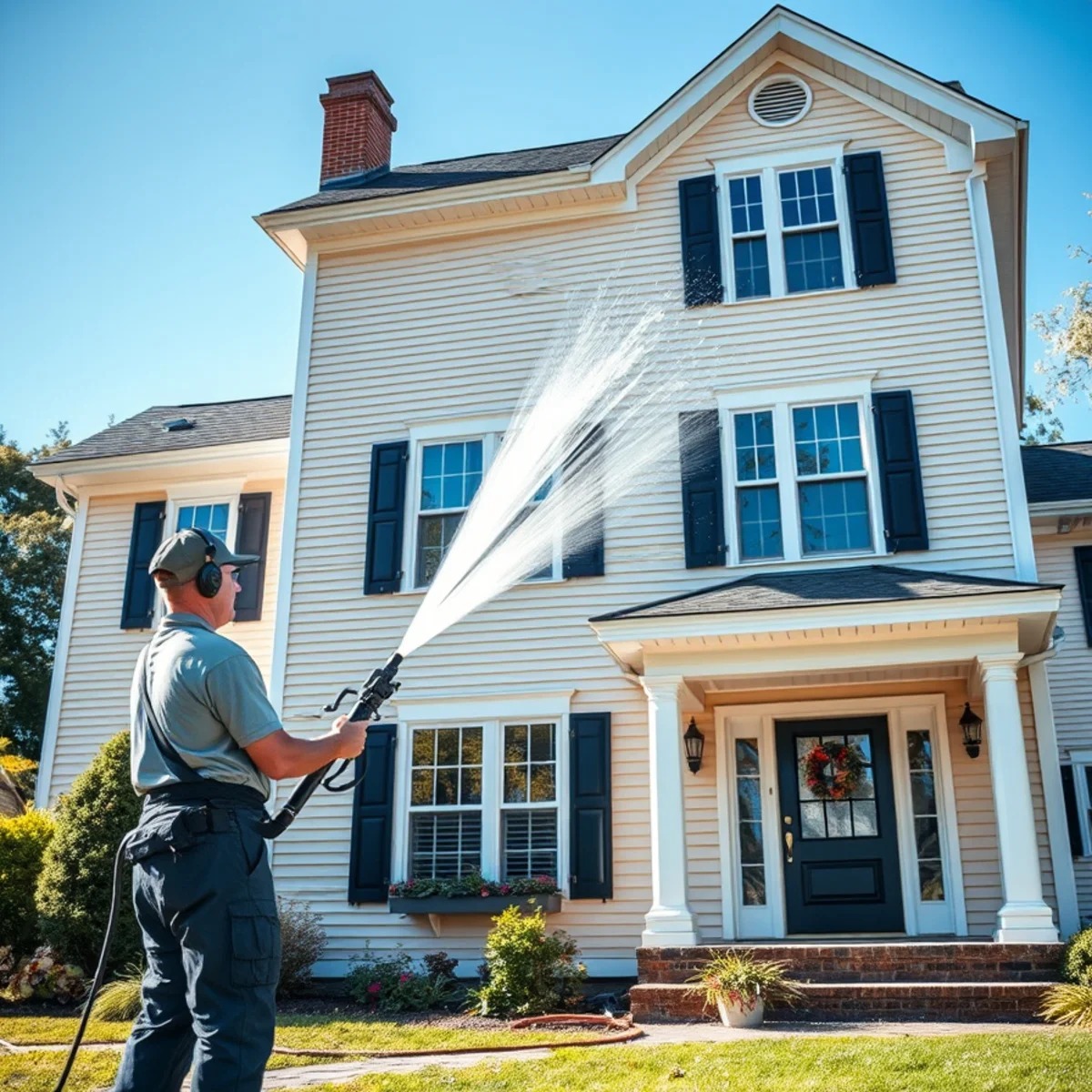 Professional pressure washing of a Massachusetts home exterior by Wash Bros